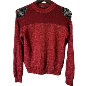 Guess Pullover Crewneck Sweater Red Black Sequins Beaded Floral Shoulders Sz M